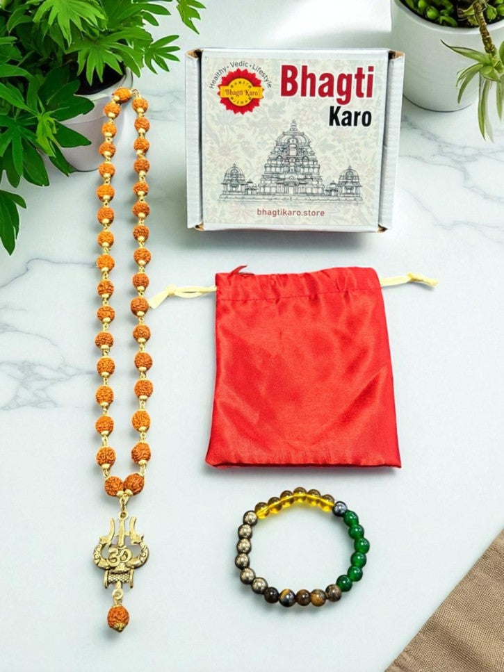 Combo of OM Shiva Trishool Rudraksha Necklace 54 Beads & Money Magnet Bracelet with Govt. Certification