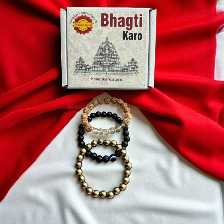 Combo of Pyrite Bracelet, Evil Eye Bracelet & Rudraksha with Clear Crystals Bracelets with Govt. Certification