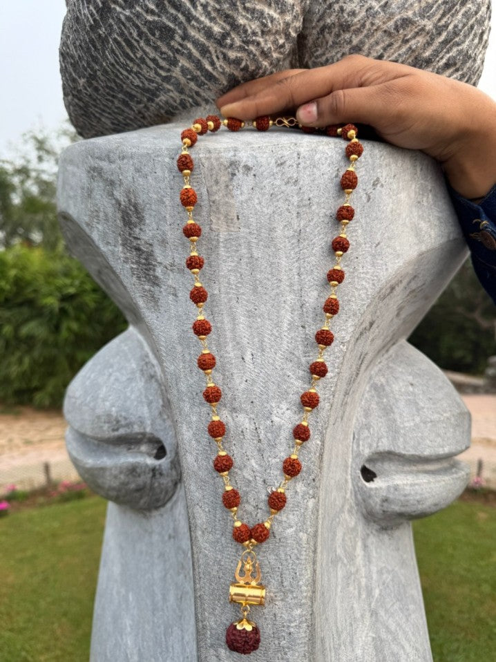 OM Shiva Trishool Damroo Rudraksha Necklace 54 Beads with Certification (Buy 1 Get 1 Free)