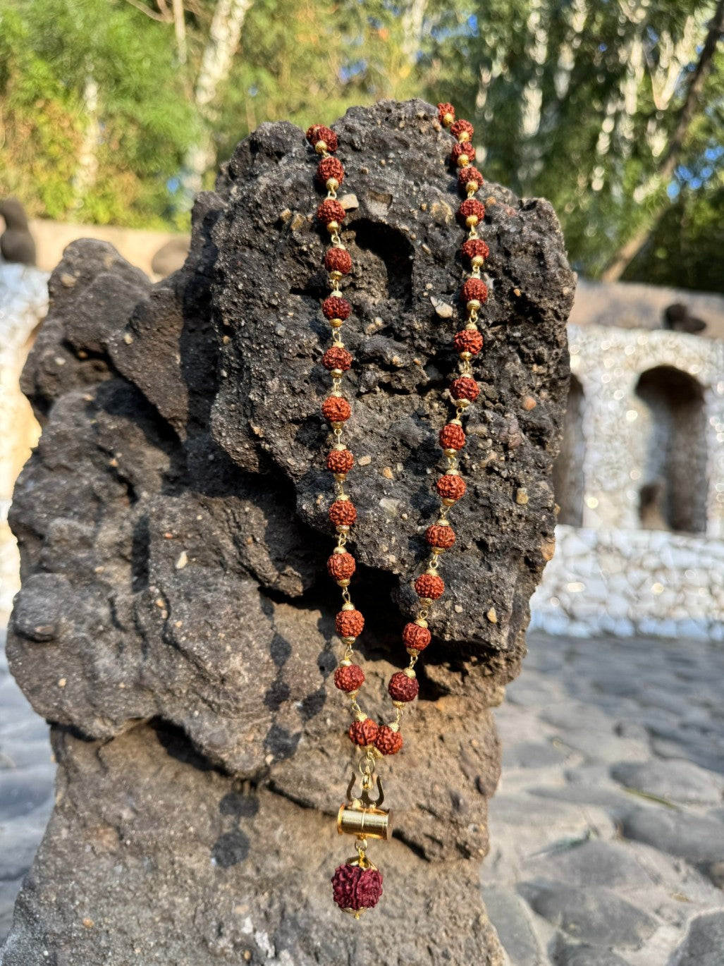 OM Shiva Trishool Damroo Rudraksha Necklace 54 Beads with Certification (Buy 1 Get 1 Free)
