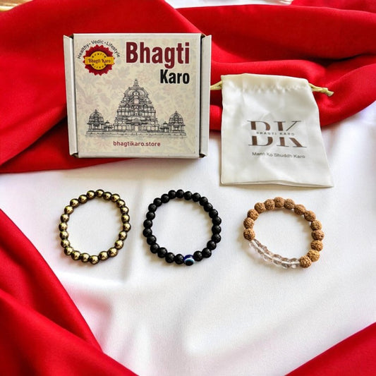 Combo of Pyrite Bracelet, Evil Eye Bracelet & Rudraksha with Clear Crystals Bracelets with Govt. Certification