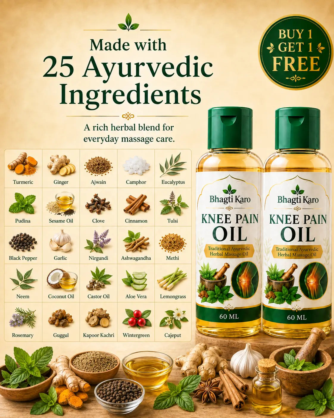 Ayurvedic Knee Pain Relief Oil by Bhagti Karo (Buy 1 Get 1 Free)
