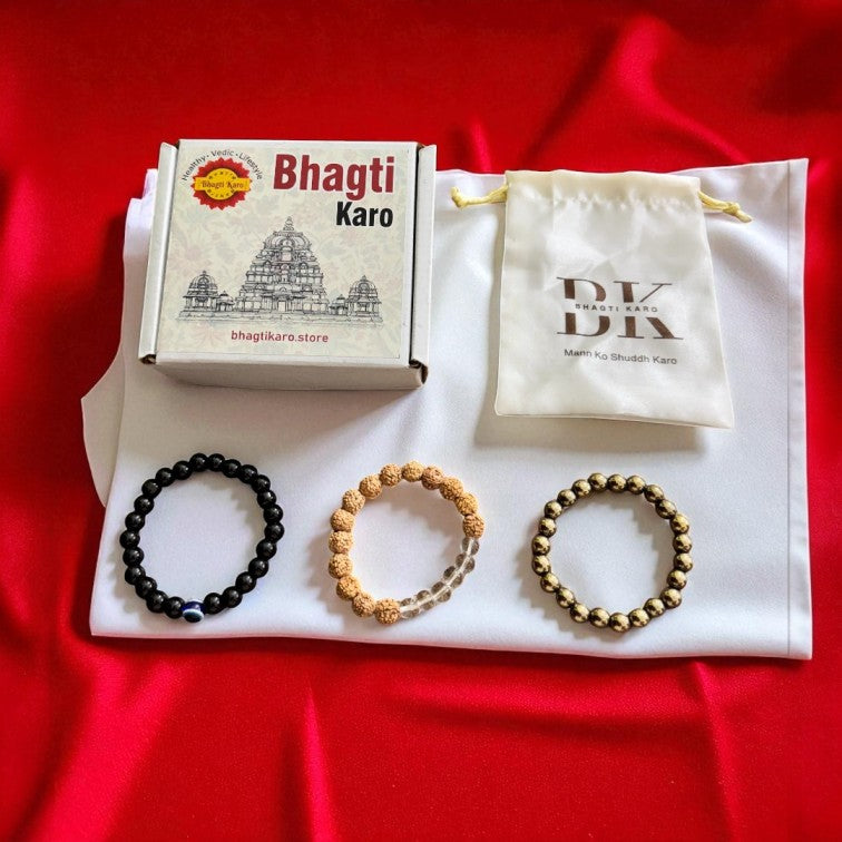 Combo of Pyrite Bracelet, Evil Eye Bracelet & Rudraksha with Clear Crystals Bracelets with Govt. Certification