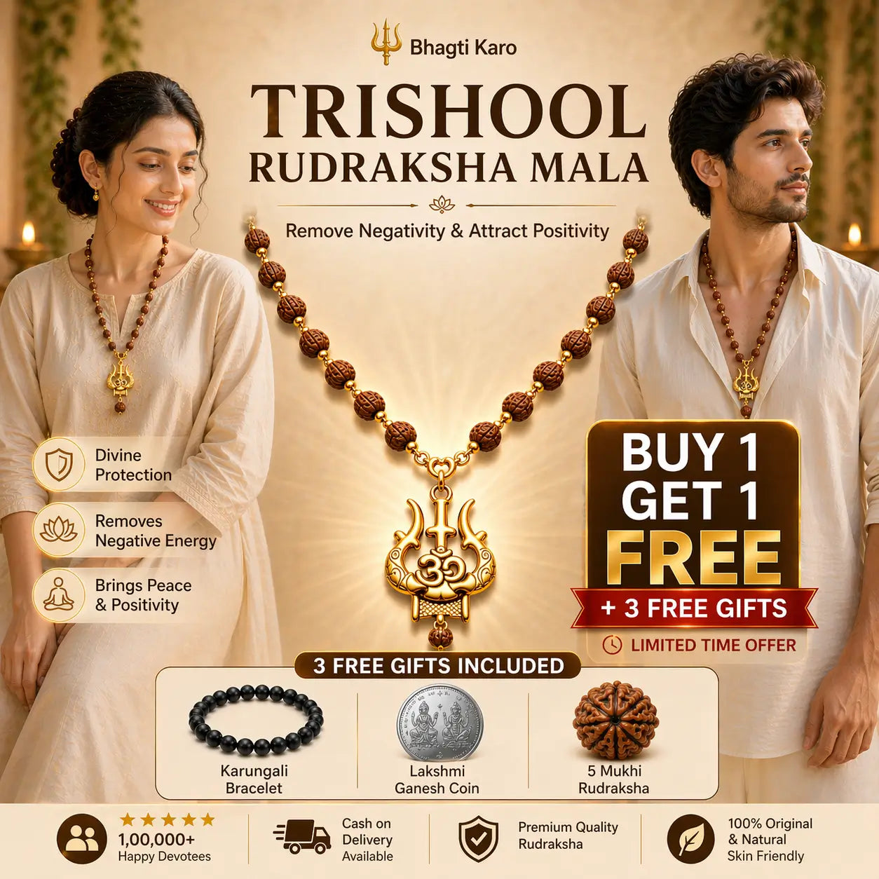 2 Trishul Rudraksha Malas (Buy 1 Get 1 Free) + 3 Free Gifts