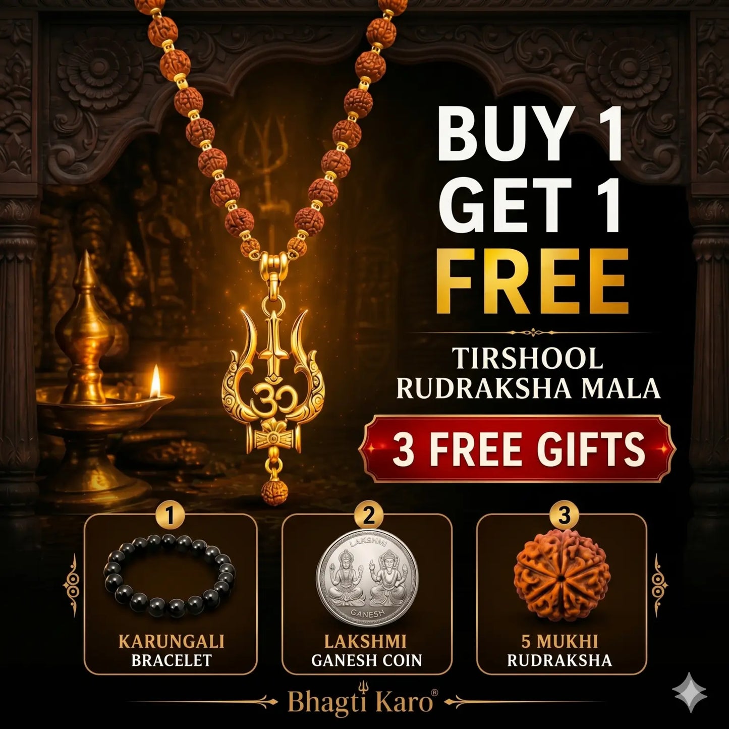 2 Trishul Rudraksha Malas (Buy 1 Get 1 Free) + 3 Free Gifts