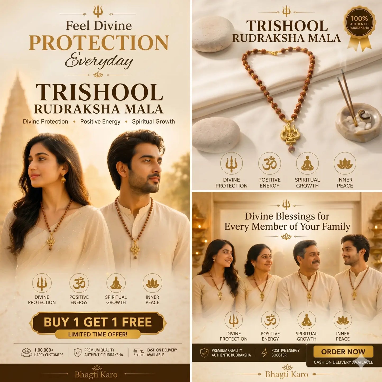 2 Trishul Rudraksha Malas (Buy 1 Get 1 Free) + 3 Free Gifts
